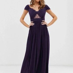 ASOS DESIGN Premium Lace and Pleat Bardot Purple Maxi Dress